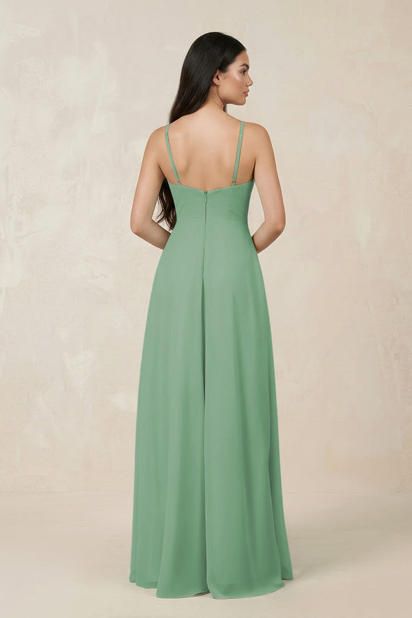 Halter Chiffon A - Line Bridesmaid Dress With Slit in Sea Glass - SHE IS ME Bridesmaid Dresses