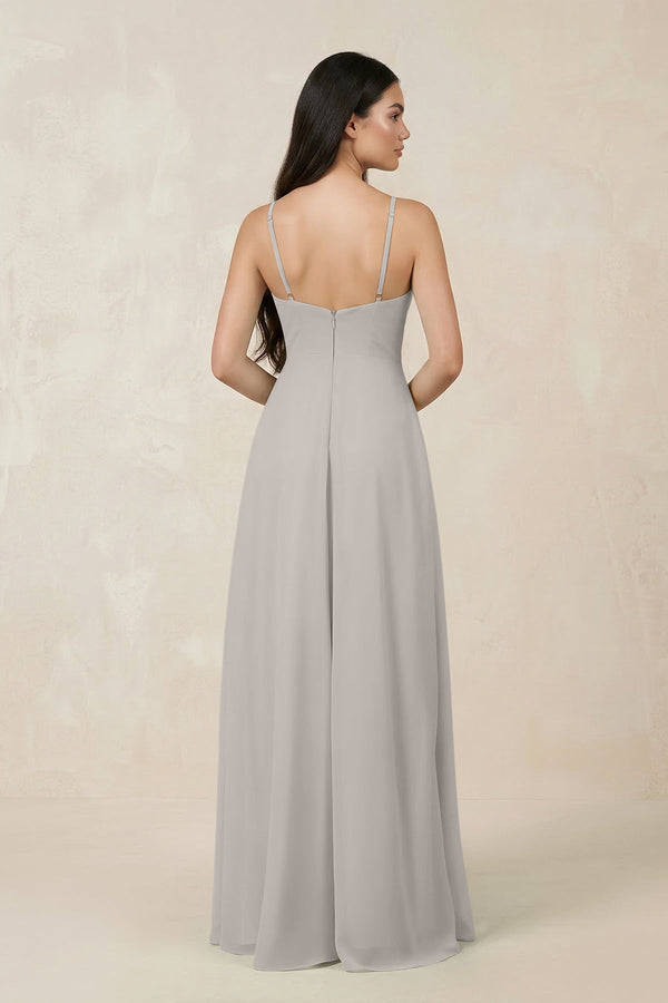 Halter Chiffon A - Line Bridesmaid Dress With Slit in Silver - KISS BRIDAL Bridesmaid Dresses