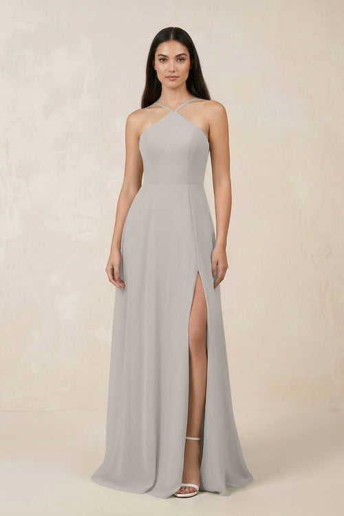Halter Chiffon A - Line Bridesmaid Dress With Slit in Silver - KISS BRIDAL Bridesmaid Dresses