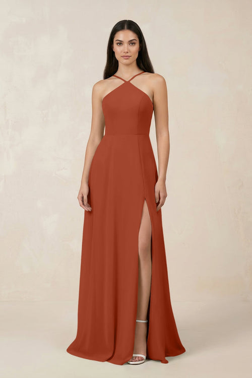 Halter Chiffon A - Line Bridesmaid Dress With Slit in Spice - KISS BRIDAL Bridesmaid Dresses