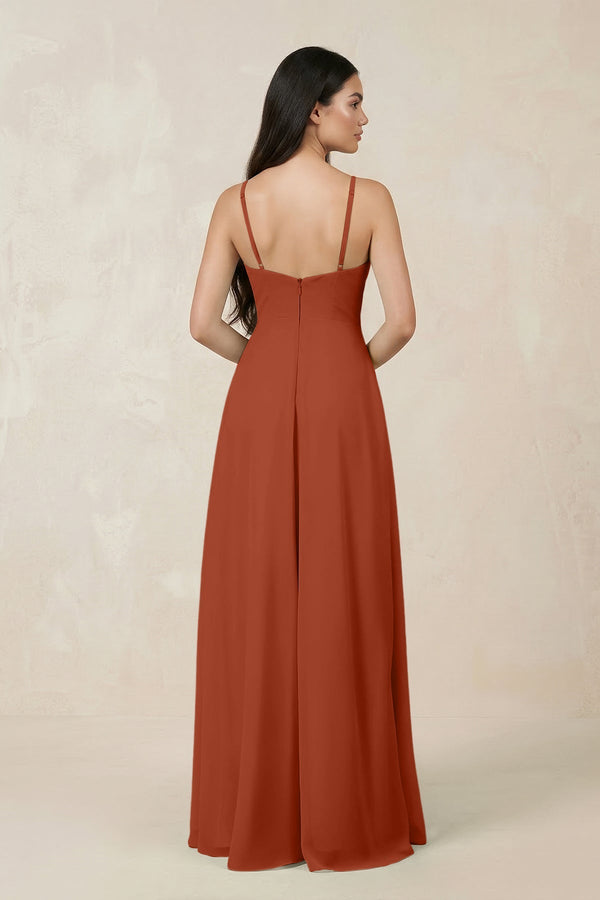 Halter Chiffon A - Line Bridesmaid Dress With Slit in Spice - KISS BRIDAL Bridesmaid Dresses