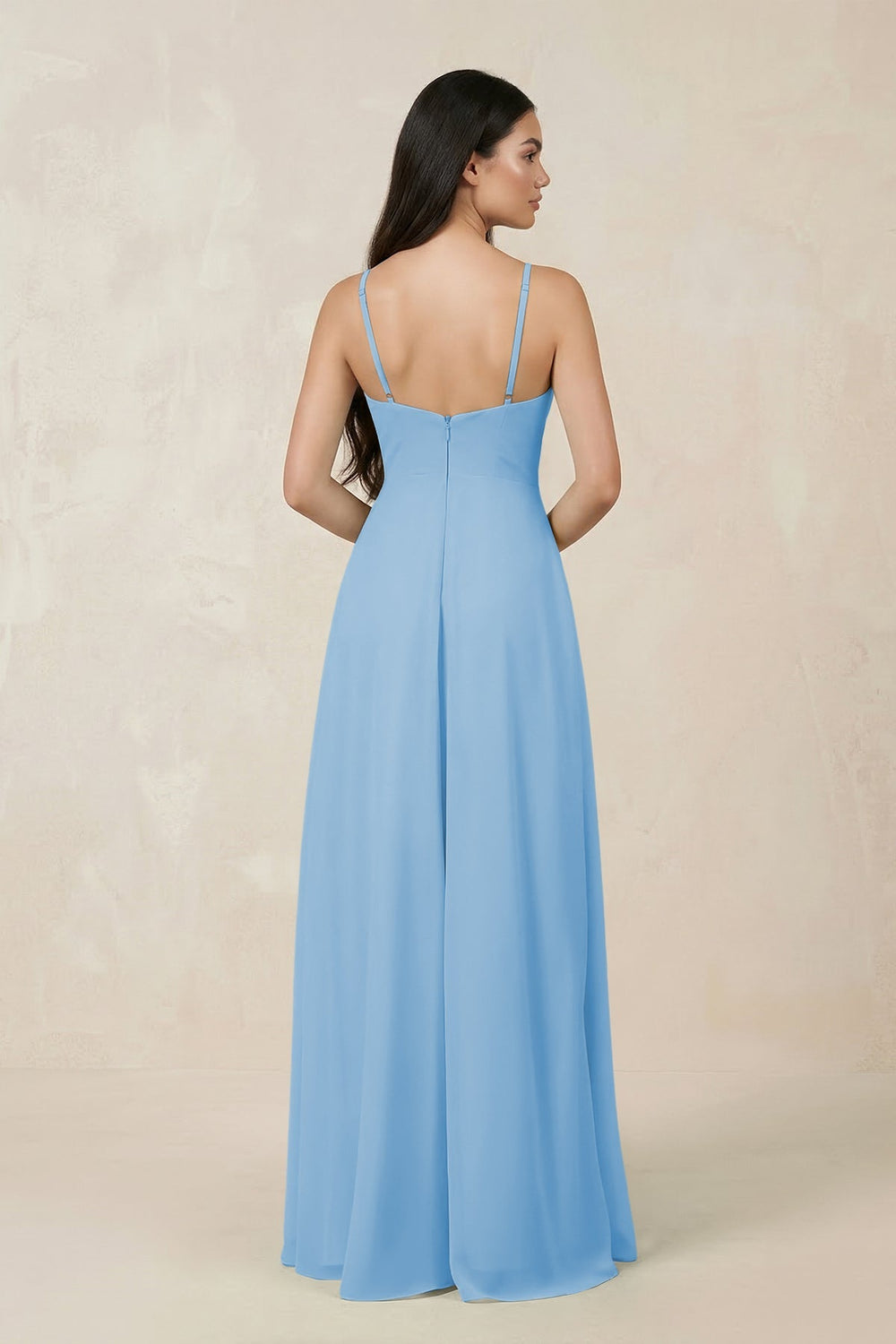 Halter Chiffon A - Line Bridesmaid Dress With Slit in Steel Blue - SHE IS ME Bridesmaid Dresses