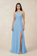 Halter Chiffon A - Line Bridesmaid Dress With Slit in Steel Blue - SHE IS ME Bridesmaid Dresses