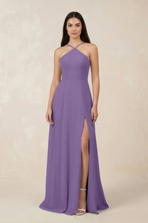 Halter Chiffon A - Line Bridesmaid Dress With Slit in Tahiti - SHE IS ME Bridesmaid Dresses