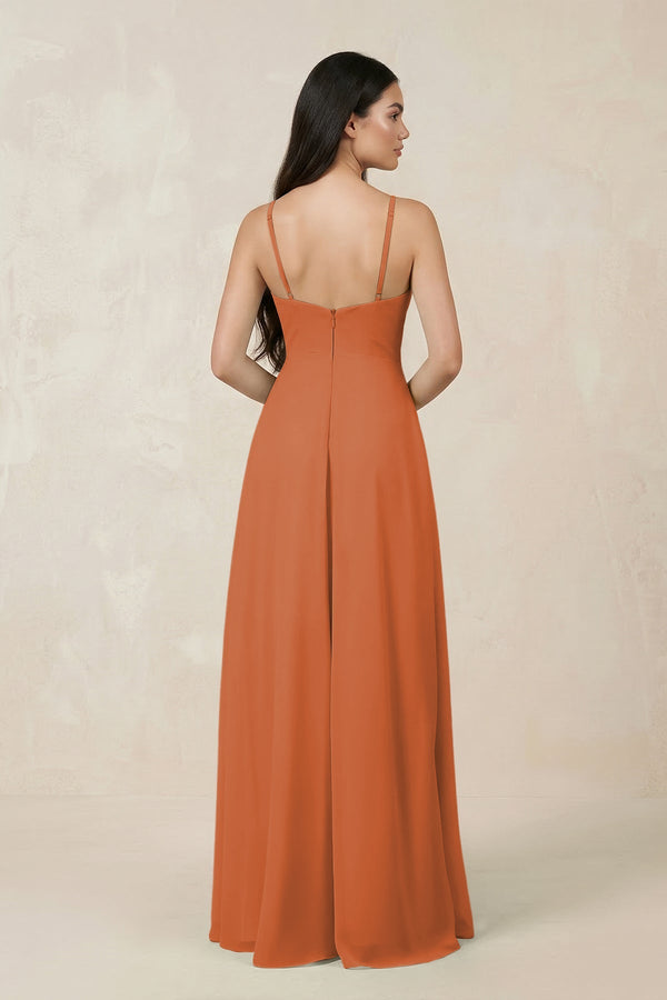 Halter Chiffon A - Line Bridesmaid Dress With Slit in Terracotta - SHE IS ME Bridesmaid Dresses