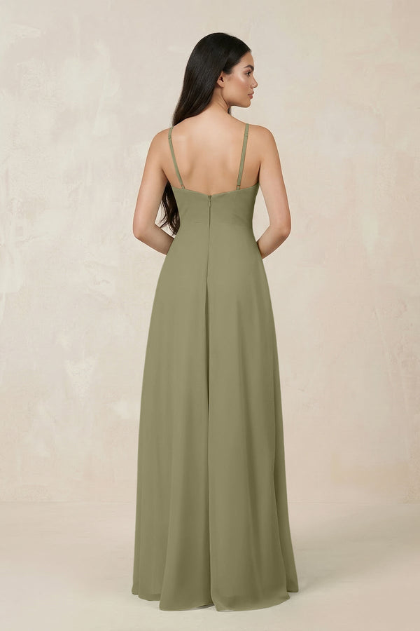 Halter Chiffon A - Line Bridesmaid Dress With Slit in Thyme - KISS BRIDAL Bridesmaid Dresses