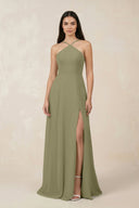 Halter Chiffon A - Line Bridesmaid Dress With Slit in Thyme - KISS BRIDAL Bridesmaid Dresses