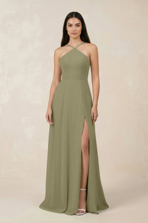 Halter Chiffon A - Line Bridesmaid Dress With Slit in Thyme - KISS BRIDAL Bridesmaid Dresses