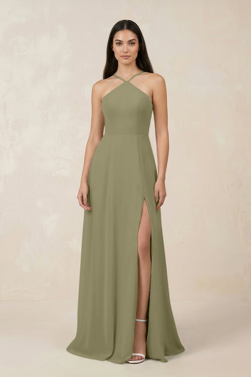 Halter Chiffon A - Line Bridesmaid Dress With Slit in Thyme - KISS BRIDAL Bridesmaid Dresses