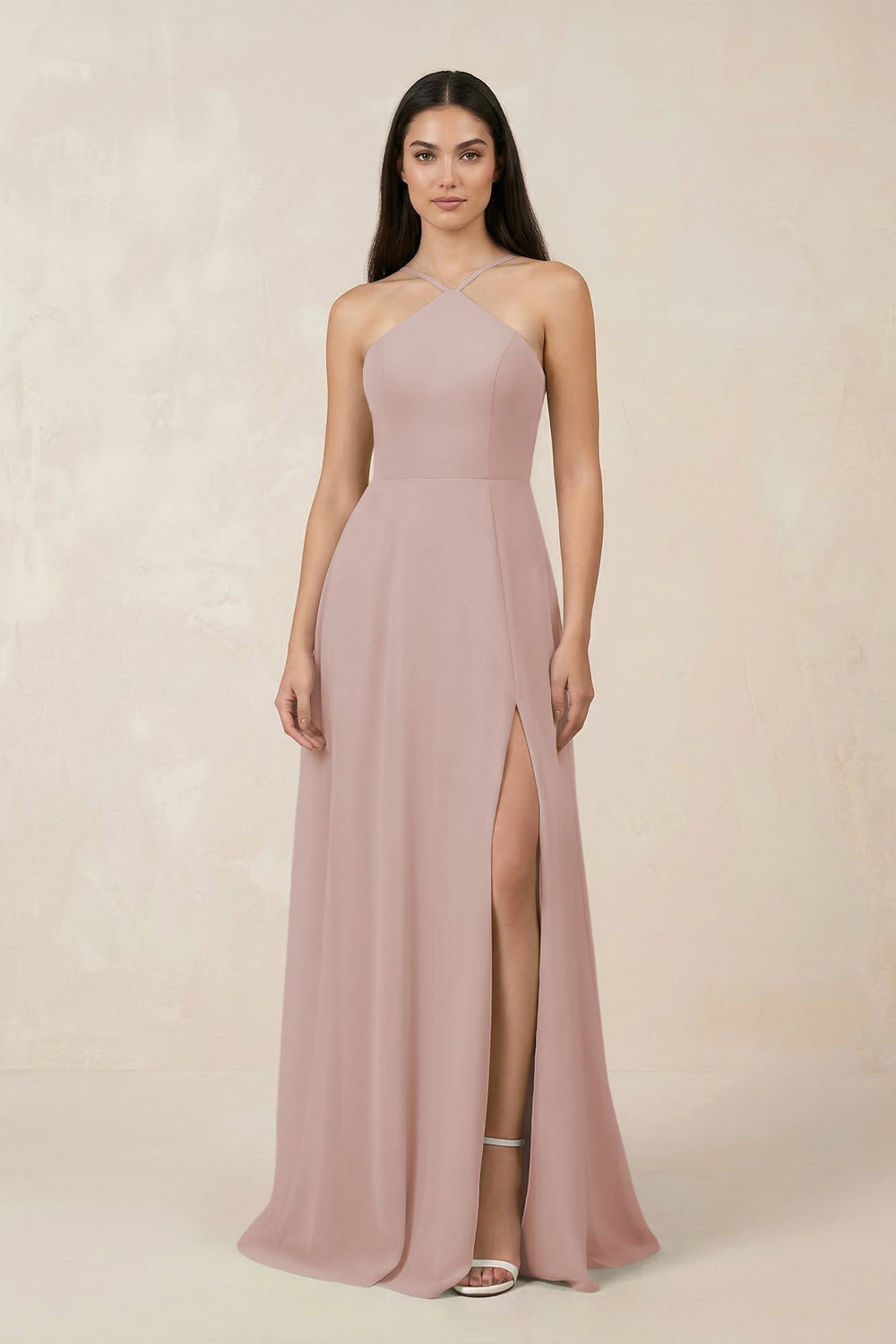 Halter Chiffon A - Line Bridesmaid Dress With Slit in Toffee - SHE IS ME Bridesmaid Dresses