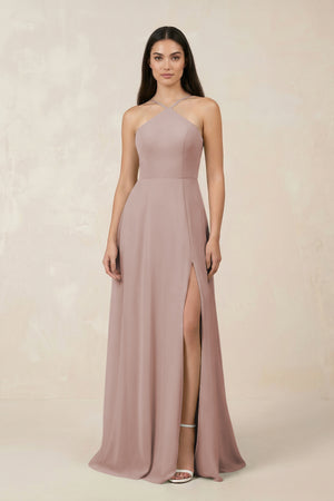 Halter Chiffon A-Line Bridesmaid Dress With Slit in Toffee | KISSBRIDAL