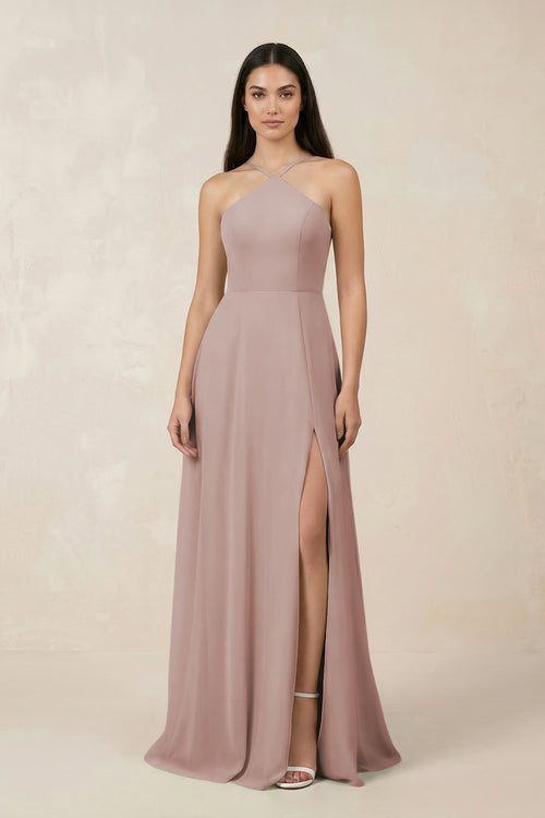 Halter Chiffon A-Line Bridesmaid Dress With Slit in Toffee | KISSBRIDAL