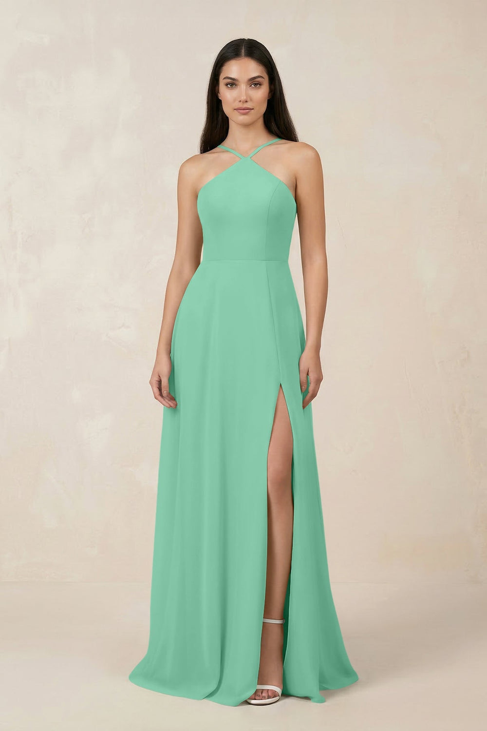 Halter Chiffon A - Line Bridesmaid Dress With Slit in Turquoise - SHE IS ME Bridesmaid Dresses