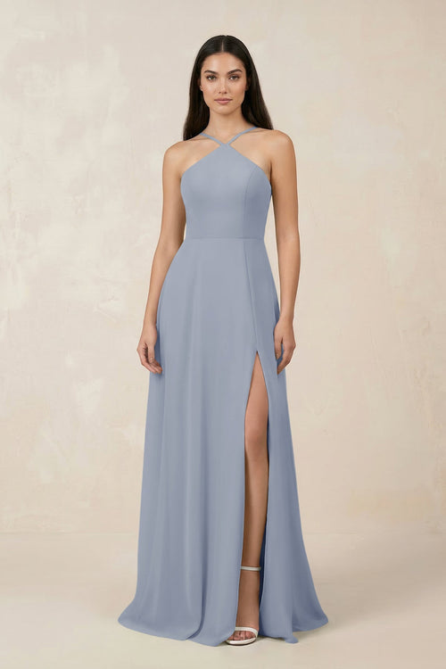 Halter Chiffon A - Line Bridesmaid Dress With Slit in Twilight - KISS BRIDAL Bridesmaid Dresses