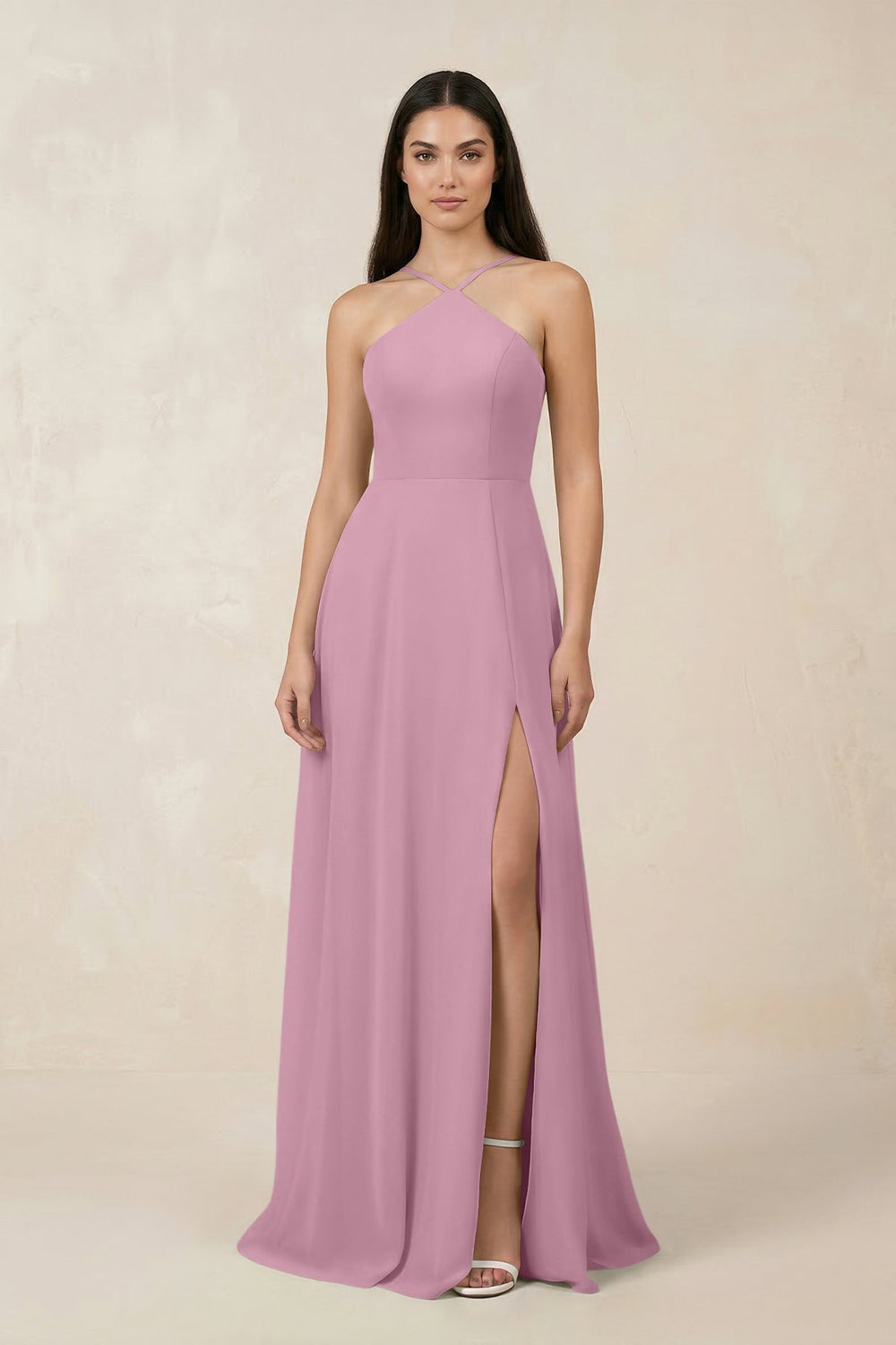 Halter Chiffon A - Line Bridesmaid Dress With Slit in Vintage Mauve - SHE IS ME Bridesmaid Dresses