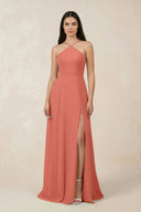 Halter Chiffon A - Line Bridesmaid Dress With Slit in Wild Rose - KISS BRIDAL Bridesmaid Dresses