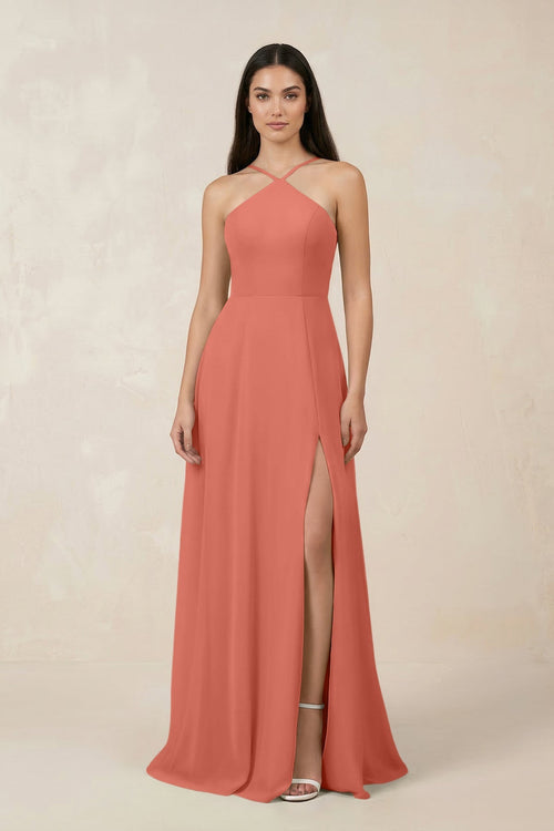 Halter Chiffon A - Line Bridesmaid Dress With Slit in Wild Rose - KISS BRIDAL Bridesmaid Dresses
