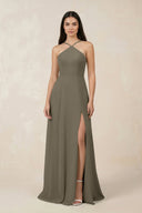 Halter Chiffon A - Line Bridesmaid Dress With Slit in Willow Green - SHE IS ME Bridesmaid Dresses