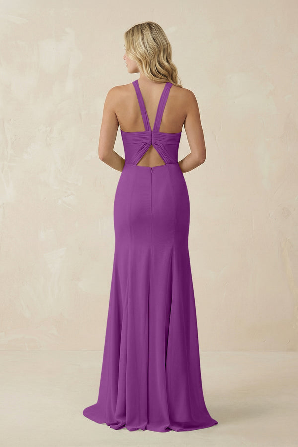 Halter Chiffon Mermaid Ruched Bridesmaid Dress in Amethyst - SHE IS ME Bridesmaid Dresses