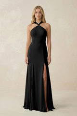 Halter Chiffon Mermaid Ruched Bridesmaid Dress in Black - KISS BRIDAL Bridesmaid Dresses
