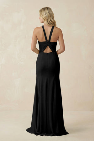 Halter Chiffon Mermaid Ruched Bridesmaid Dress in Black - SHE IS ME Bridesmaid Dresses