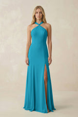 Halter Chiffon Mermaid Ruched Bridesmaid Dress in Blue Jay - KISS BRIDAL Bridesmaid Dresses