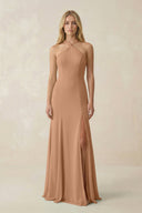Halter Chiffon Mermaid Ruched Bridesmaid Dress in Bronzer - SHE IS ME Bridesmaid Dresses