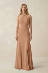 Halter Chiffon Mermaid Ruched Bridesmaid Dress in Bronzer - KISS BRIDAL Bridesmaid Dresses