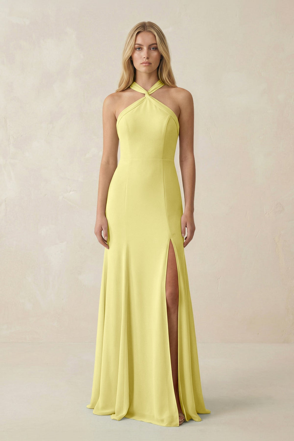 Halter Chiffon Mermaid Ruched Bridesmaid Dress in Buttercup - SHE IS ME Bridesmaid Dresses