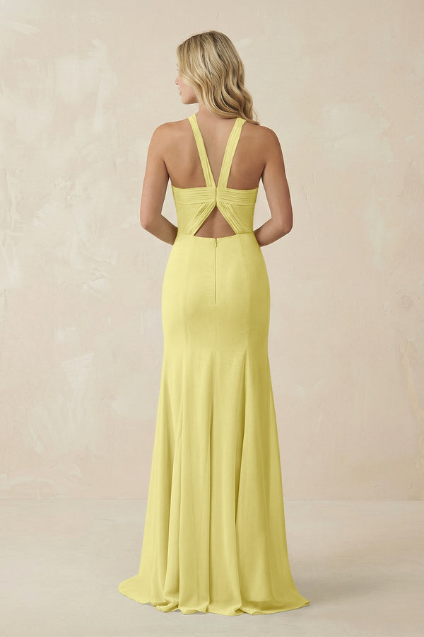 Halter Chiffon Mermaid Ruched Bridesmaid Dress in Buttercup - SHE IS ME Bridesmaid Dresses