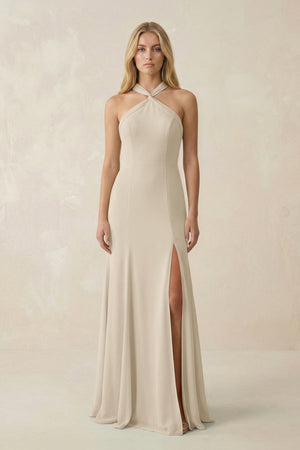 Halter Chiffon Mermaid Ruched Bridesmaid Dress in Champagne - SHE IS ME Bridesmaid Dresses