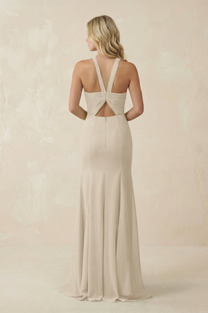 Halter Chiffon Mermaid Ruched Bridesmaid Dress in Champagne - SHE IS ME Bridesmaid Dresses