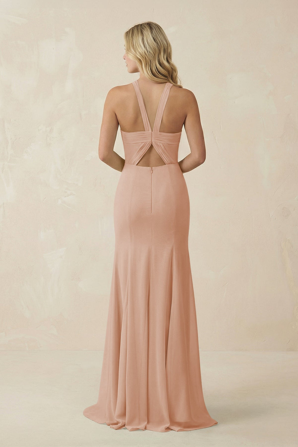 Halter Chiffon Mermaid Ruched Bridesmaid Dress in Champagne Rose - SHE IS ME Bridesmaid Dresses