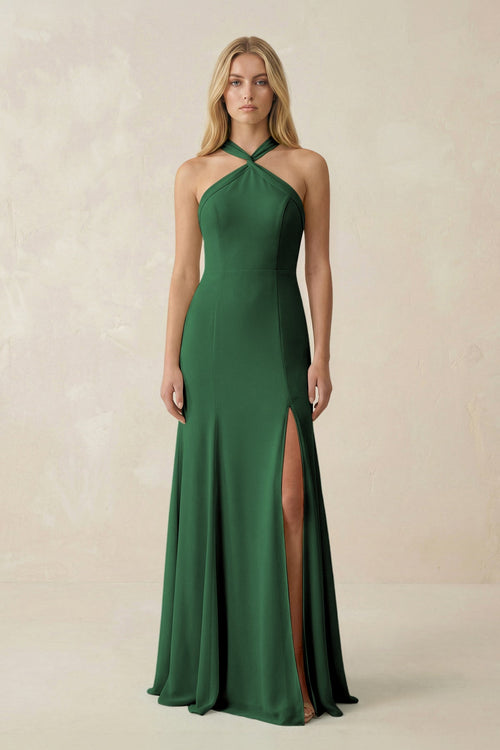 Halter Chiffon Mermaid Ruched Bridesmaid Dress in Dark Green - SHE IS ME Bridesmaid Dresses