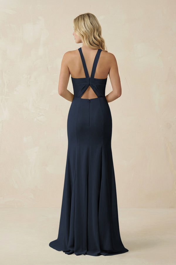 Halter Chiffon Mermaid Ruched Bridesmaid Dress in Dark Navy - SHE IS ME Bridesmaid Dresses