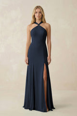 Halter Chiffon Mermaid Ruched Bridesmaid Dress in Dark Navy - KISS BRIDAL Bridesmaid Dresses