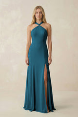 Halter Chiffon Mermaid Ruched Bridesmaid Dress in Dark Teal - KISS BRIDAL Bridesmaid Dresses