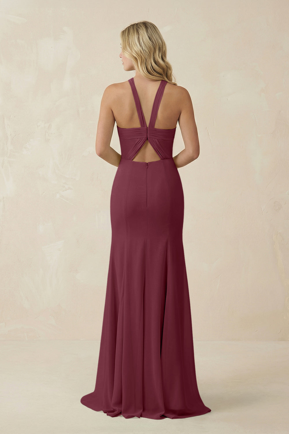 Halter Chiffon Mermaid Ruched Bridesmaid Dress in Desert Rose