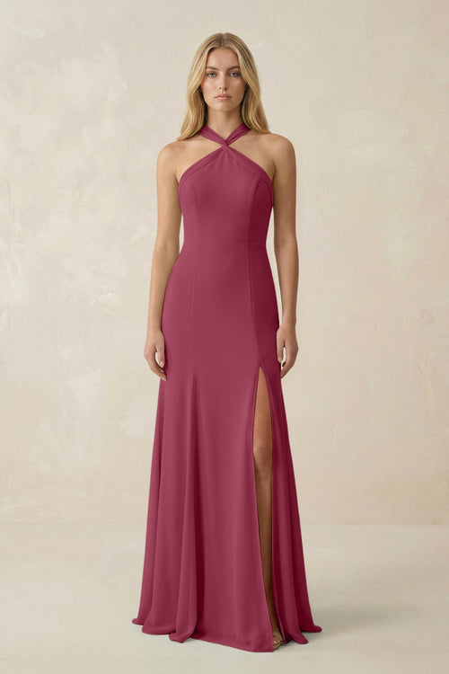 Halter Chiffon Mermaid Ruched Bridesmaid Dress in Desert Rose - SHE IS ME Bridesmaid Dresses