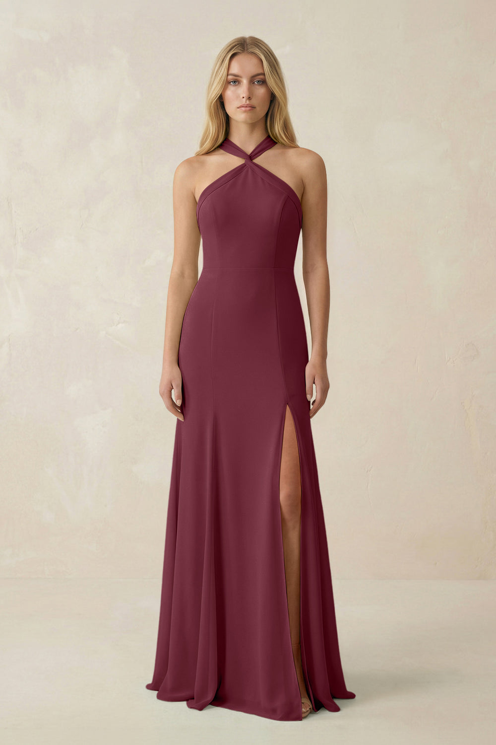 Halter Chiffon Mermaid Ruched Bridesmaid Dress in Desert Rose