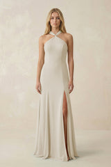 Halter Chiffon Mermaid Ruched Bridesmaid Dress in Dove Gray - KISS BRIDAL Bridesmaid Dresses