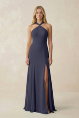 Halter Chiffon Mermaid Ruched Bridesmaid Dress in Dusk Blue - KISS BRIDAL Bridesmaid Dresses