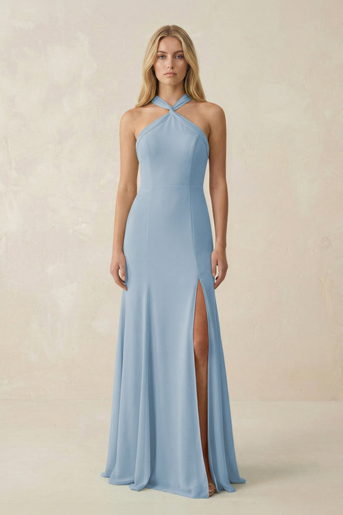 Halter Chiffon Mermaid Ruched Bridesmaid Dress in Dusty Blue - SHE IS ME Bridesmaid Dresses
