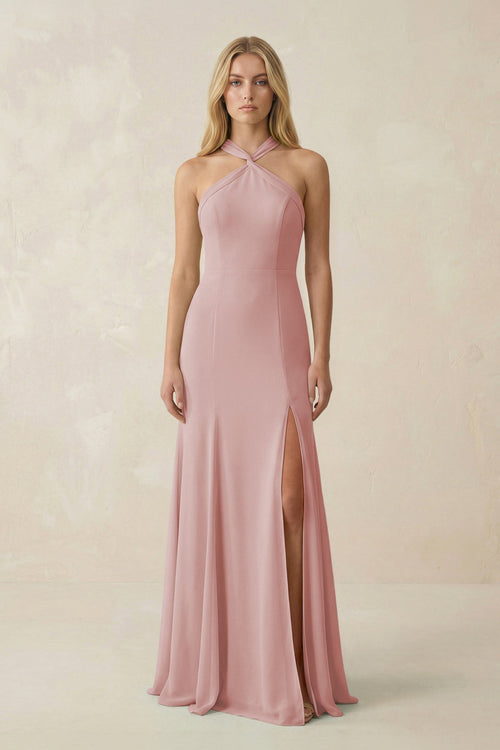 Halter Chiffon Mermaid Ruched Bridesmaid Dress in Dusty Rose - SHE IS ME Bridesmaid Dresses