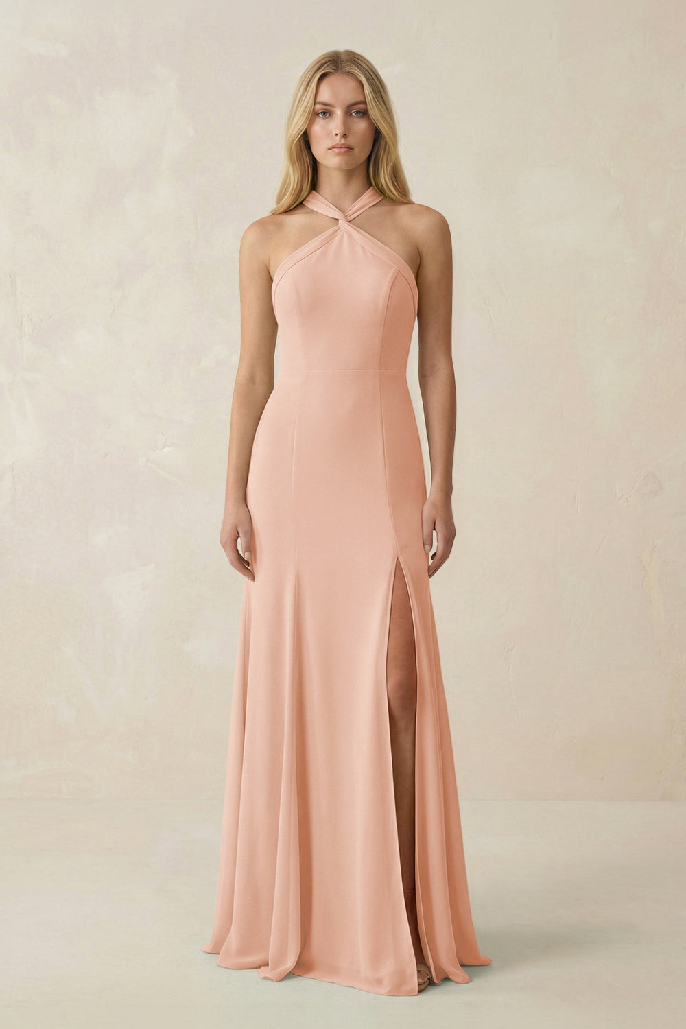 Halter Chiffon Mermaid Ruched Bridesmaid Dress in English Rose - SHE IS ME Bridesmaid Dresses