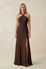 Halter Chiffon Mermaid Ruched Bridesmaid Dress in Espresso - KISS BRIDAL Bridesmaid Dresses