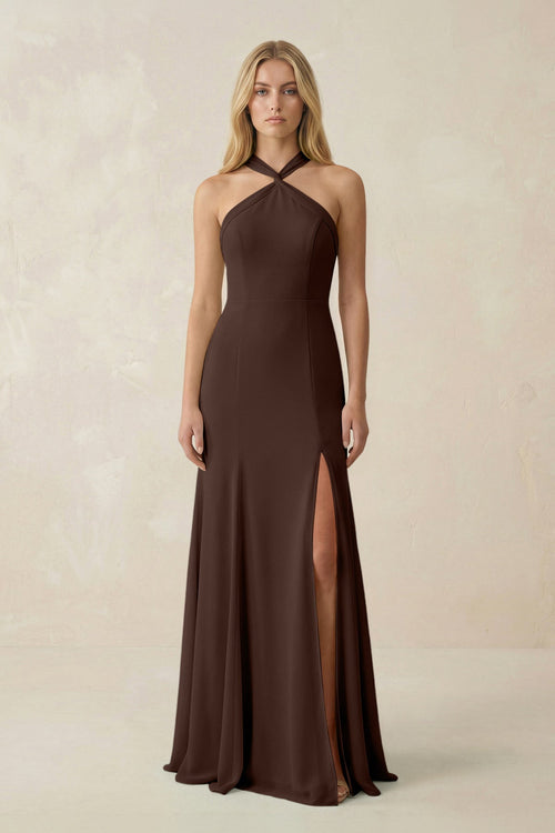 Halter Chiffon Mermaid Ruched Bridesmaid Dress in Espresso - SHE IS ME Bridesmaid Dresses