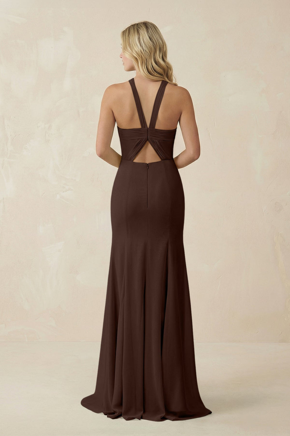 Halter Chiffon Mermaid Ruched Bridesmaid Dress in Espresso - SHE IS ME Bridesmaid Dresses