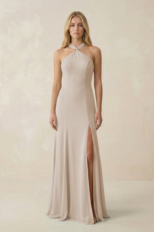 Halter Chiffon Mermaid Ruched Bridesmaid Dress in Frost - SHE IS ME Bridesmaid Dresses
