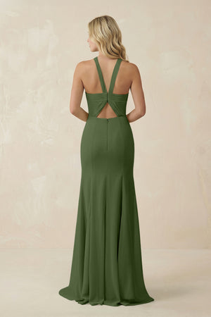 Halter Chiffon Mermaid Ruched Bridesmaid Dress in Moss (2) | KISSBRIDAL